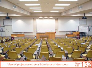 View of projection screens from back of classroom
