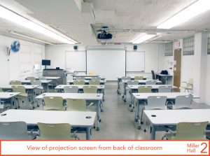 View of projection screen from back of classroom