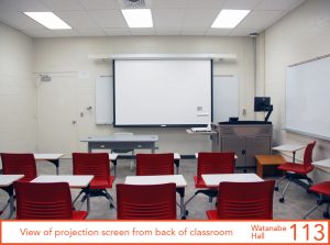 View of projection screen from back of classroom