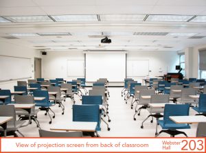 View of projection screen from back of classroom