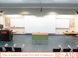 Projection screen from back of classroom