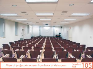 View of projection screen from back of classroom