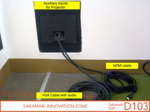 Auxiliary inputs for projector, HDMI cable, and VGA cable w/audio