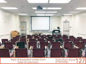 View of projection screen from back of classroom