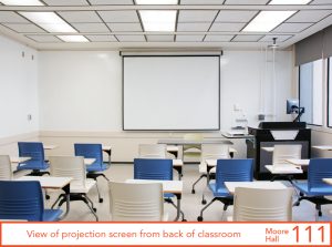 View of projection screen from back of classroom