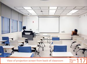 View of projection screen from back of classroom
