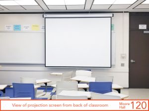 View of projection screen from back of classroom