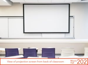 View of projection screen from back of classroom