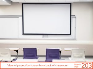 view of projection screen from back of classroom