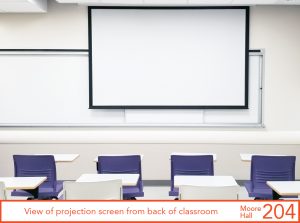 View of projection screen from back of classroom