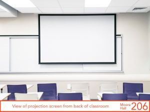 View of projection screen from back of classroom