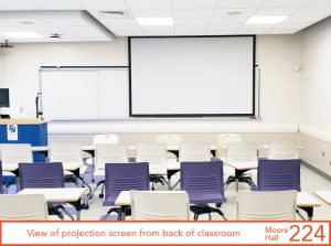 View of projection screen from back of classroom