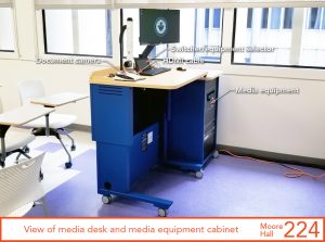 View of media desk and media equipment cabinet