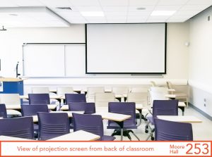 View of projection screen from back of classroom
