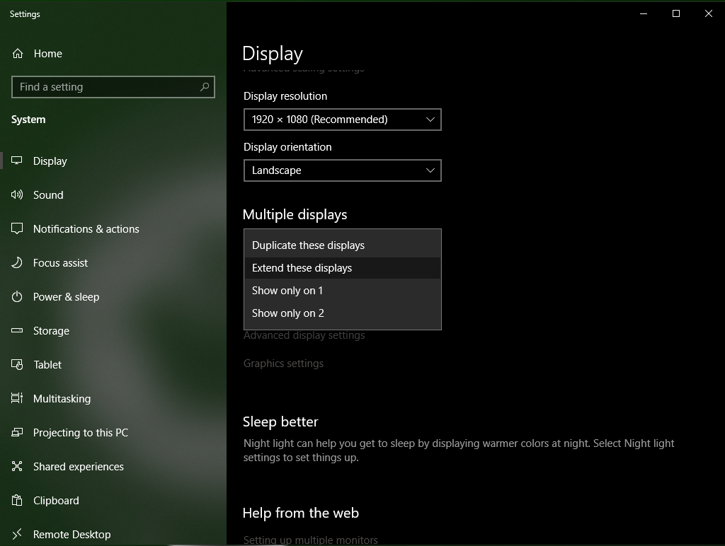Display Settings indicating the different display options